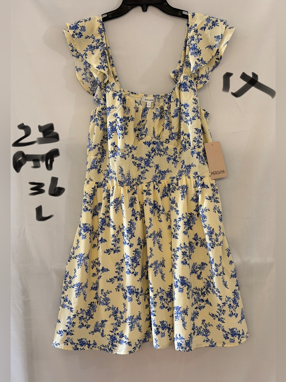 Persaya Blue Floral Print on Yellow Ruffle-Strap Sundress